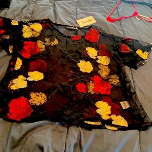 See through lace and embroidery top.